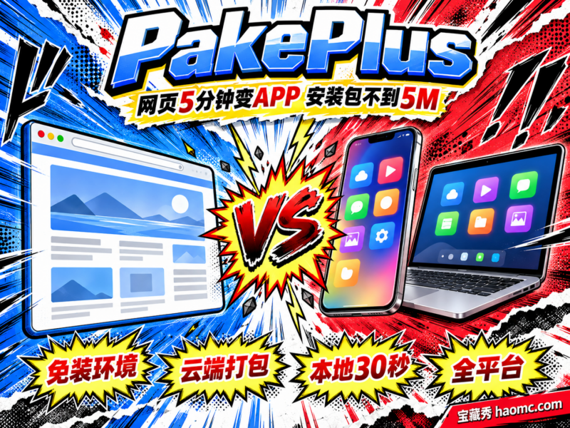 网页一键变桌面手机APP,安装包不到5M、免装环境,PakePlus-宝藏秀
